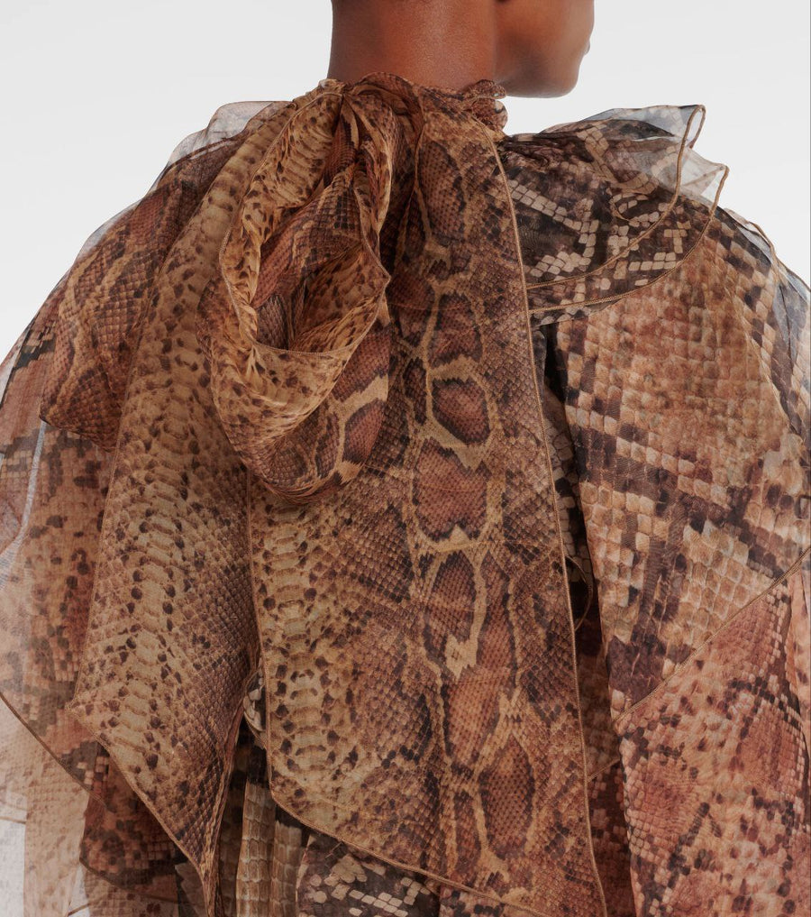 Blouse Femme Volants Imprimé Serpent – Tulle Fluide & Col Montant Élégant