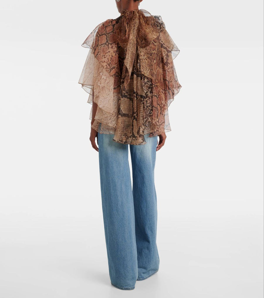 Blouse Femme Volants Imprimé Serpent – Tulle Fluide & Col Montant Élégant