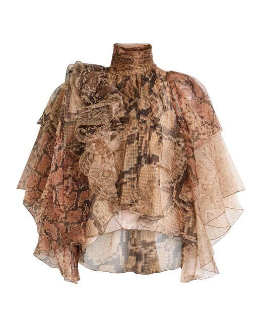 Blouse Femme Volants Imprimé Serpent – Tulle Fluide & Col Montant Élégant