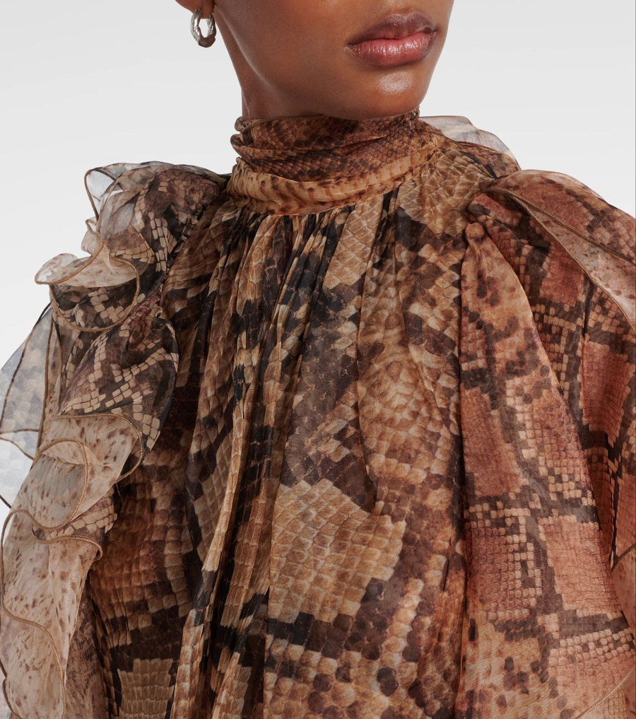 Blouse Femme Volants Imprimé Serpent – Tulle Fluide & Col Montant Élégant